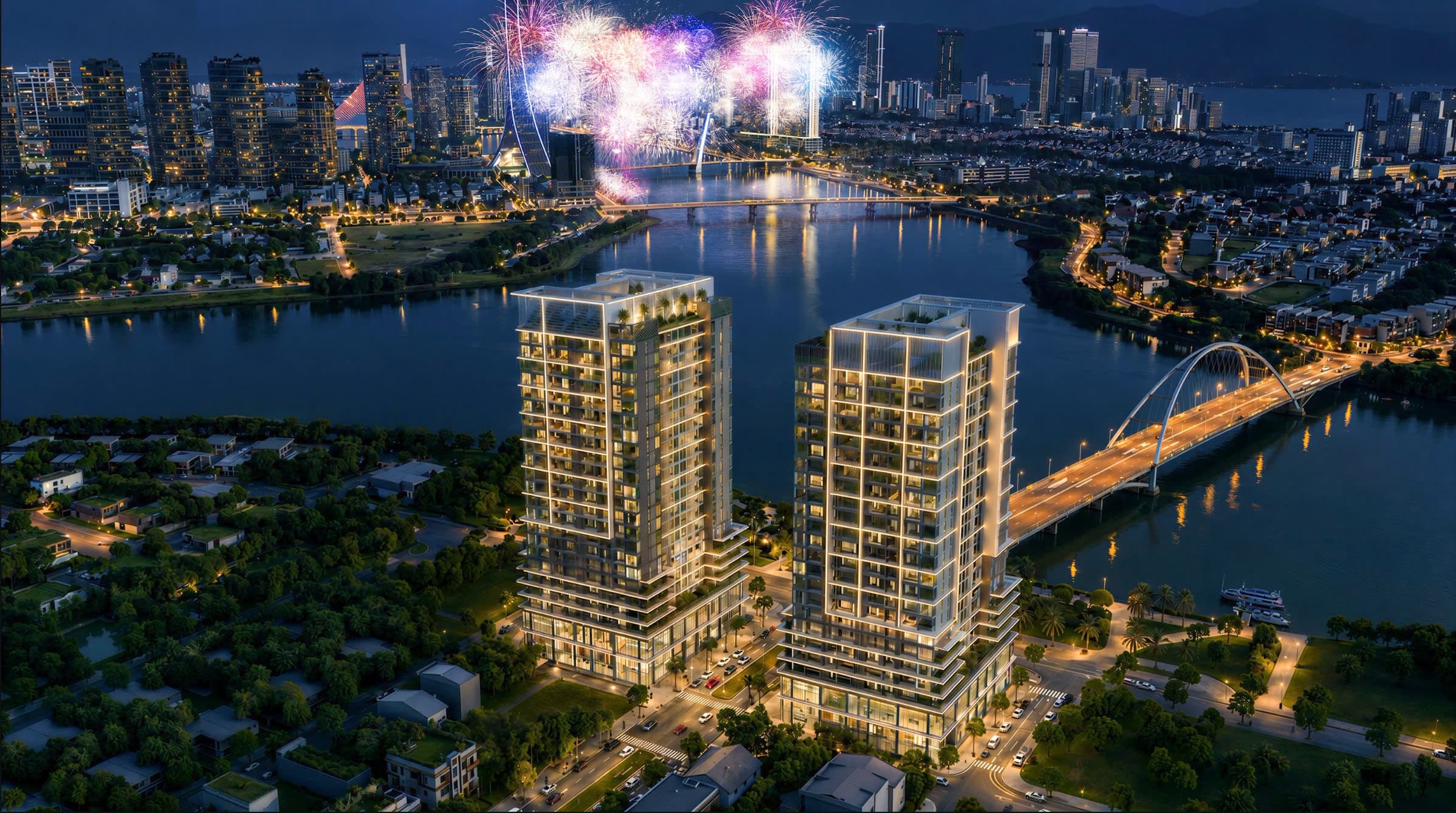 S-Light Tower Đà Nẵng – Tháp Đôi Pháo Hoa Đêm DIFF Sông Hàn